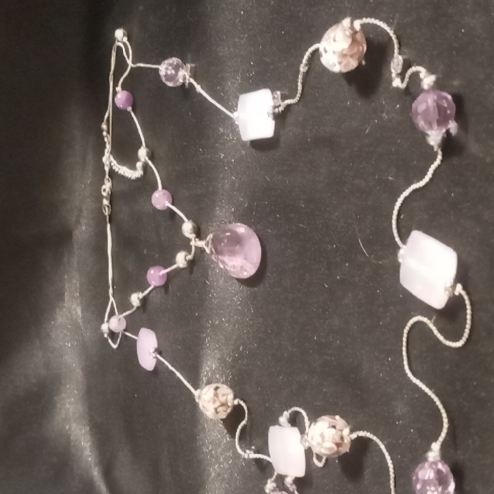2 necklaces layered smokey lilac glass beaded crystal cut & square. silver chain